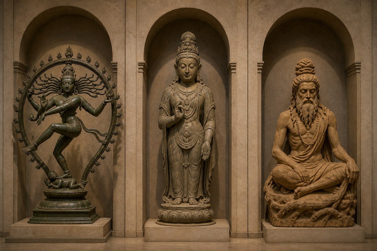 Three separately displayed South Asian sacred figures showing radiating, piled, and tied forms of matted hair in distinct iconographic settings.