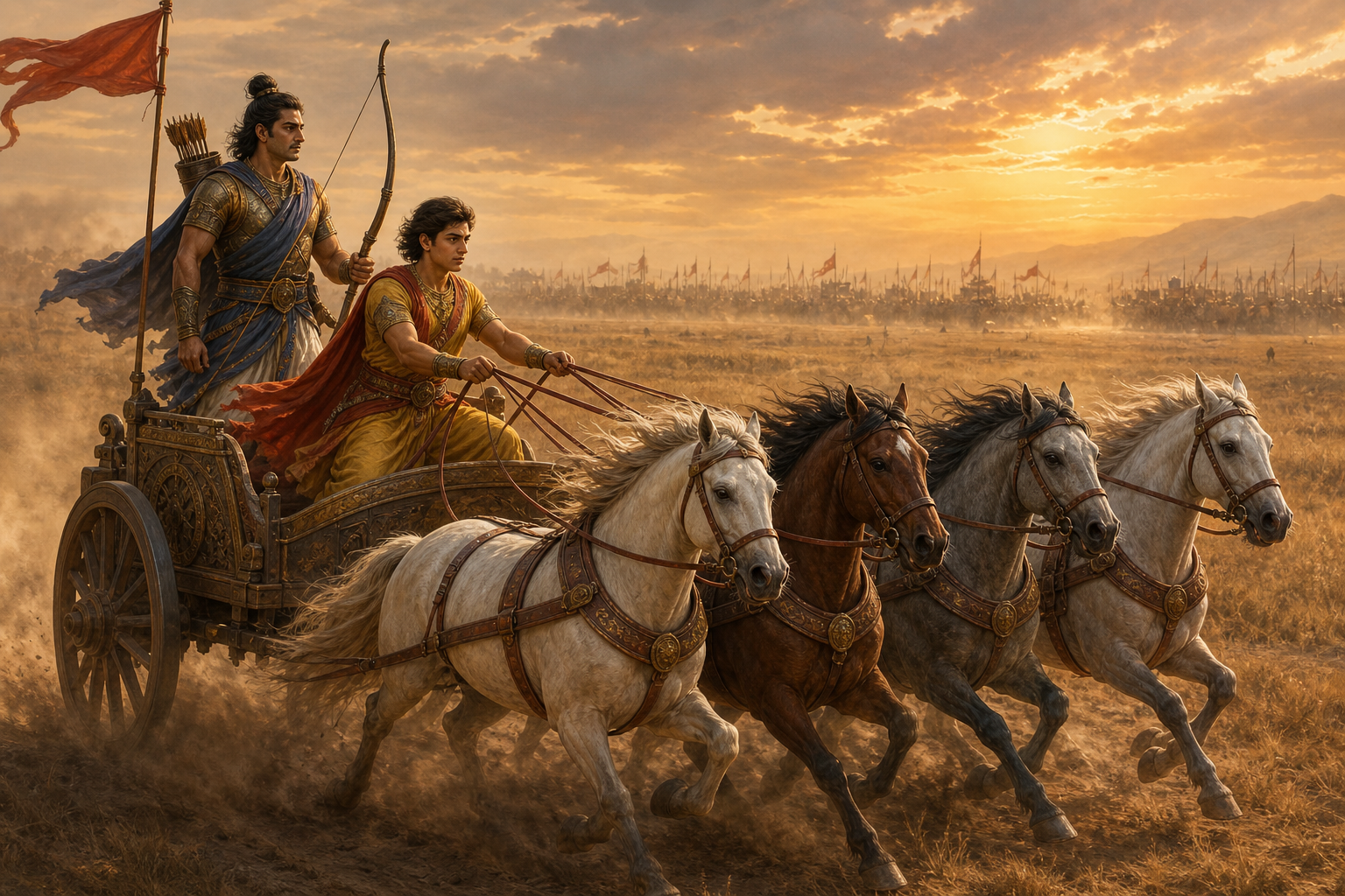 A young prince drives a four-horse chariot while an experienced archer stands behind him facing a distant army.