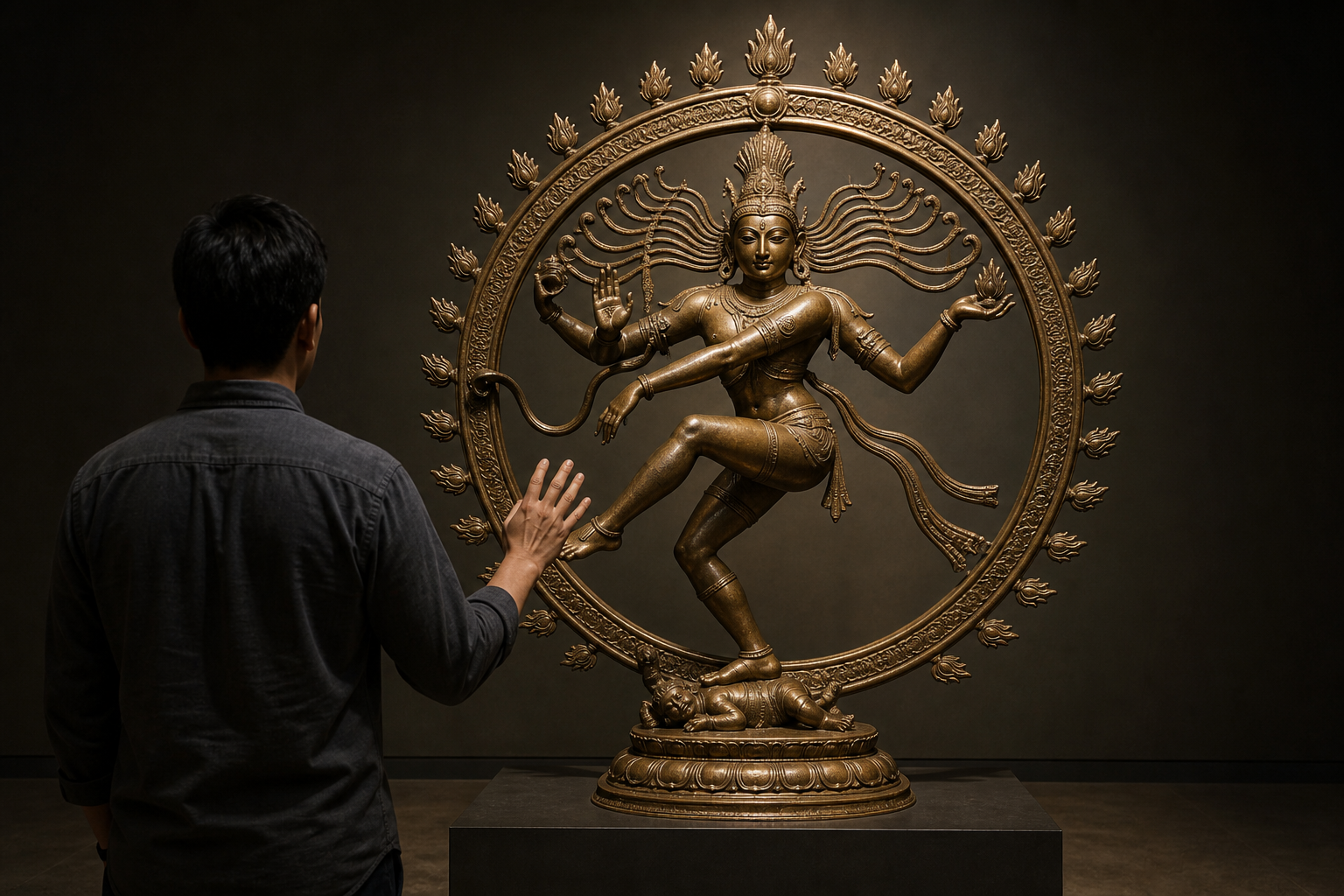 A museum visitor closely observing the radiating locks and surrounding ring of a bronze-style dancing Shiva sculpture.