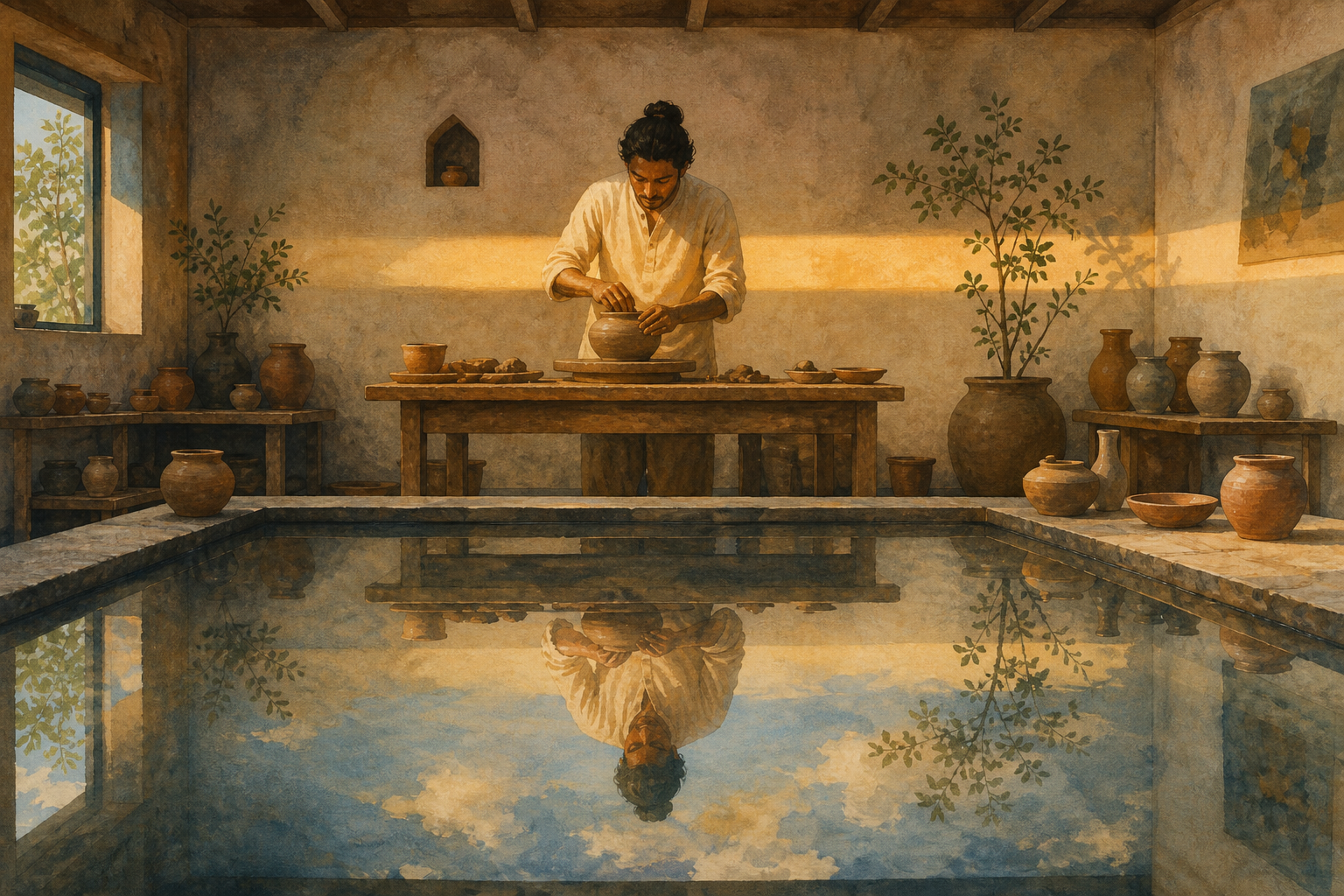 A person shapes a clay vessel at a studio table beside a still water basin reflecting the figure, room, and sky.
