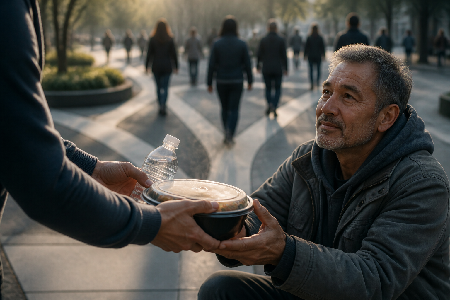 One person directly hands a covered bowl of food and water to a tired adult while passersby move in the background.