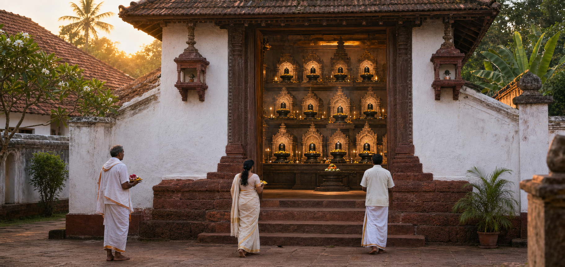 Devotees approach a temple courtyard in Old Goa where twelve illuminated Shiva linga shrines are visible inside the sacred precinct.