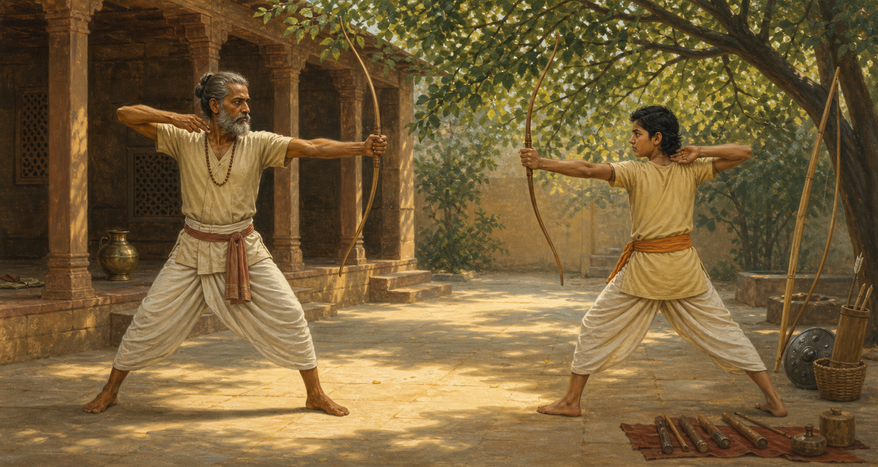 A teacher demonstrates a bow stance while a student carefully mirrors the movement in a quiet training courtyard.