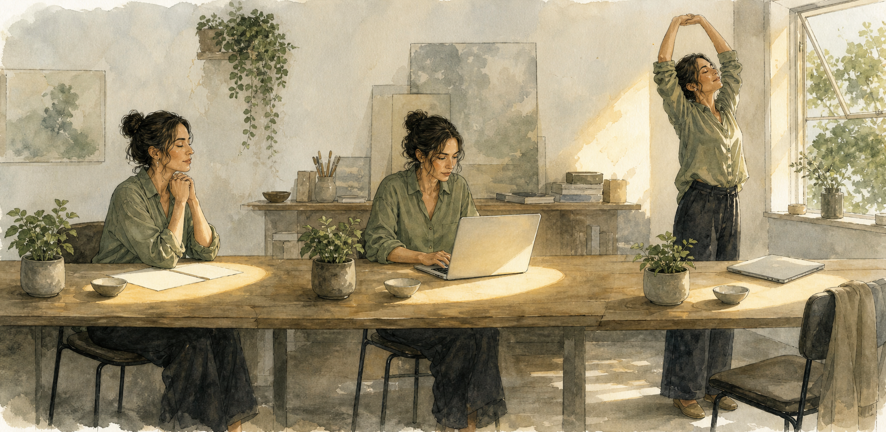 Three moments across one workday show a professional pausing before work, concentrating at a desk, and stepping away from a closed laptop to stretch by a window.
