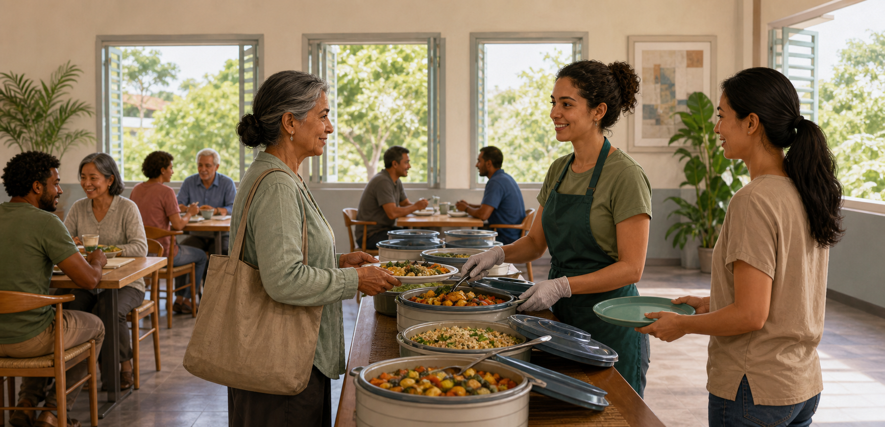 A guest chooses fresh dishes from a clean community serving table while volunteers assist at eye level.