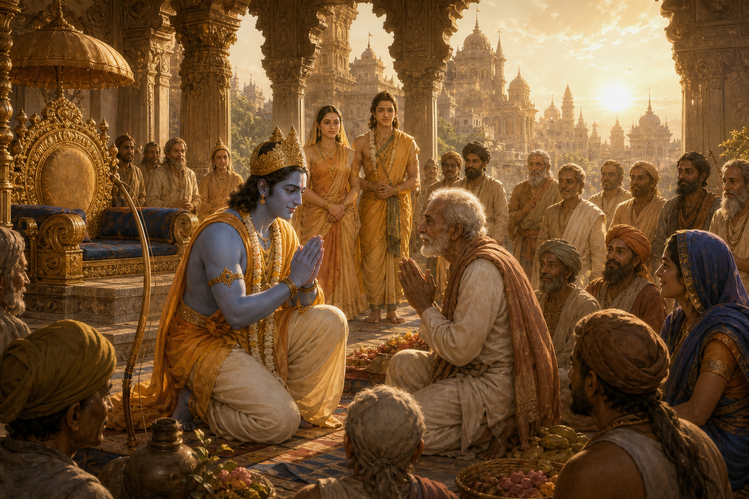 Sri Rama steps down from his throne and greets an elderly citizen with joined palms as Sita, Lakshmana, ministers, sages, and residents of Ayodhya look on.