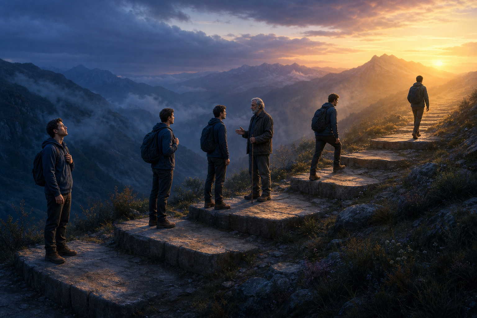 Five successive silhouettes show a traveler pausing, consulting a guide, and continuing up a stone mountain path toward sunrise.