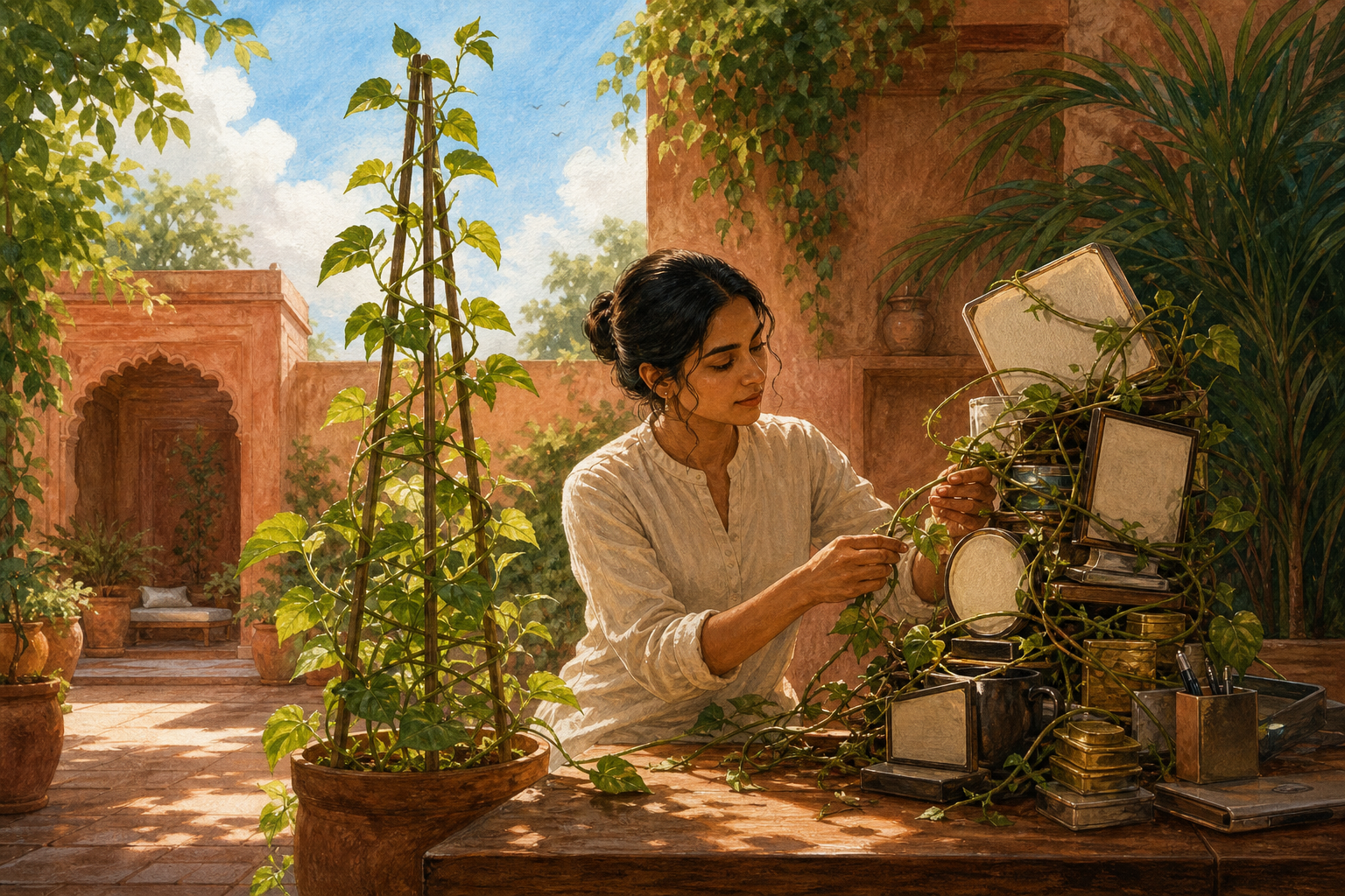 A professional in a sunlit courtyard loosens a tangled vine from a stack of blank awards while another vine grows freely on an open trellis.