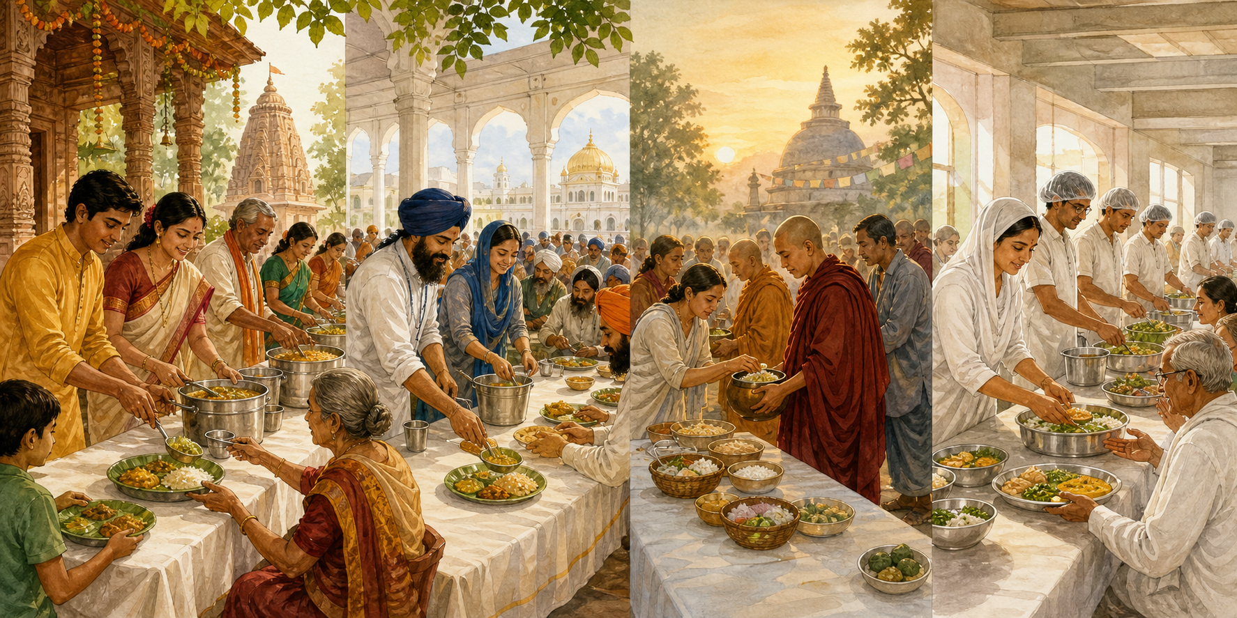 Four connected scenes show Hindu, Sikh, Buddhist, and Jain communities preparing or sharing food as acts of service.