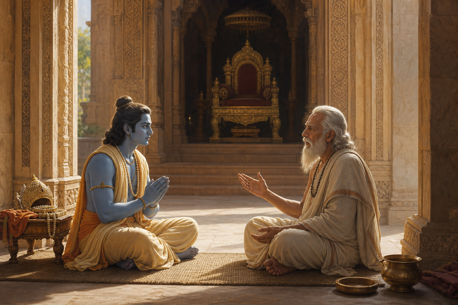 Rama sits on a woven mat and listens to an elderly sage while his crown rests on a low stand near a shadowed throne.