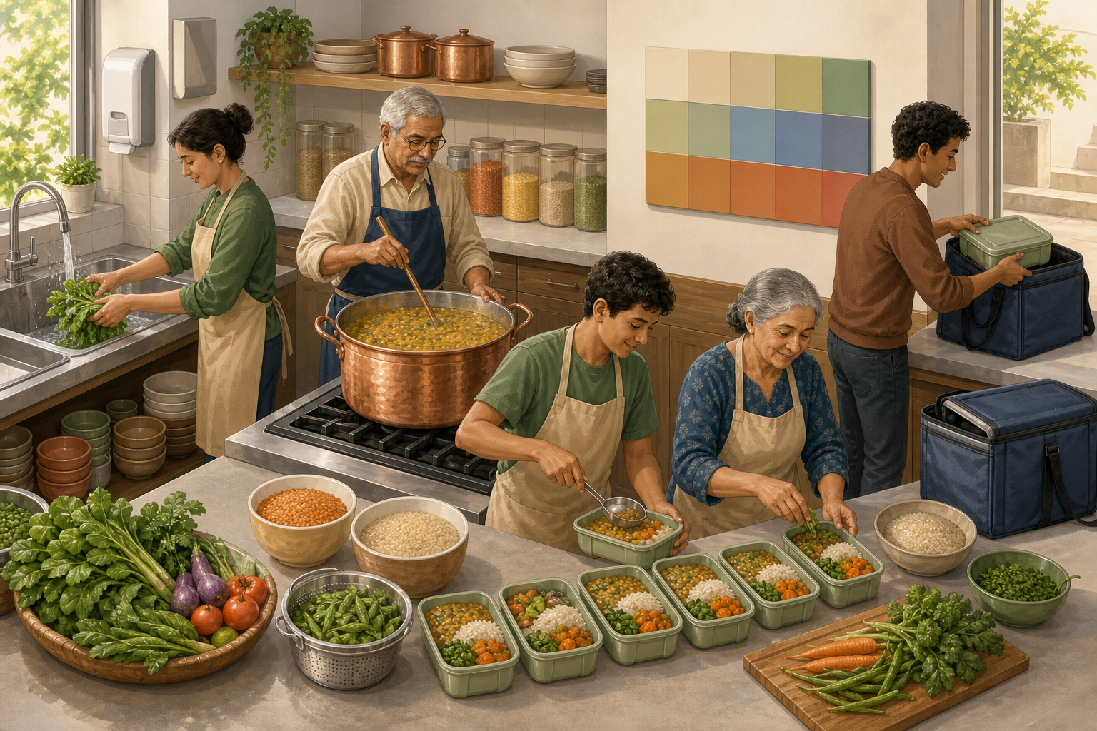 Volunteers wash produce, cook lentils, portion meals, and prepare insulated carriers in an organized community kitchen.