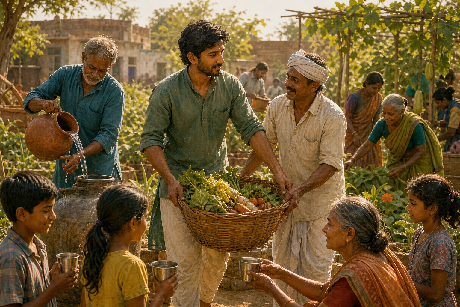 A teacher and former student work with neighbors to water a community garden and distribute baskets of food.