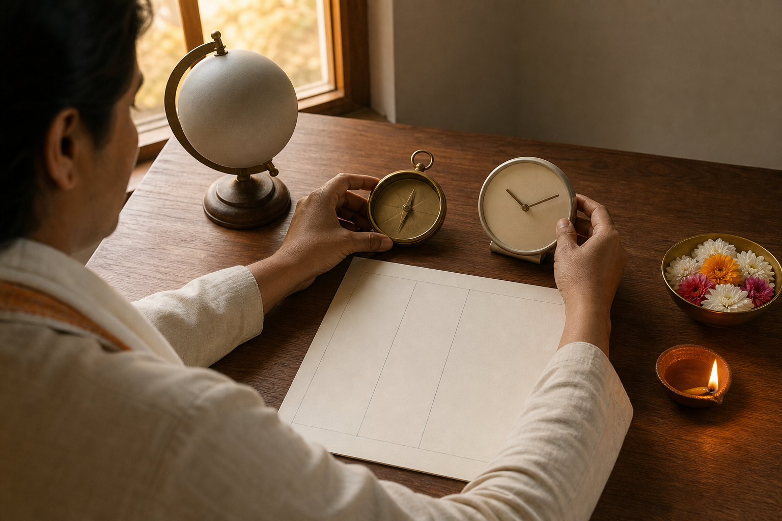 A person at a sunlit desk arranging a globe, compass, plain analog clock, blank planning sheet, lamp, and flowers.