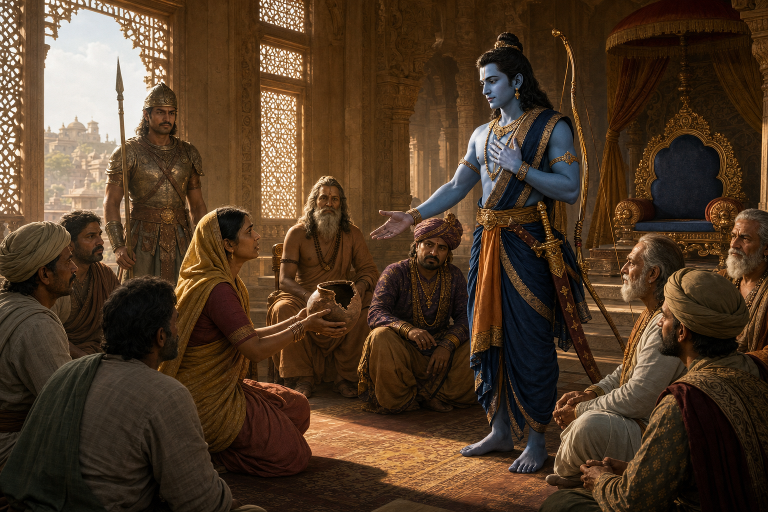 Rama stands before an open council and listens to a village woman holding a broken irrigation vessel as citizens and advisers gather nearby.
