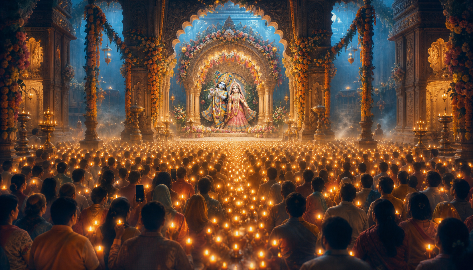 A luminous Radha-Krishna temple sanctuary surrounded by devotees and a vast constellation of small lights symbolizing an online devotional audience.