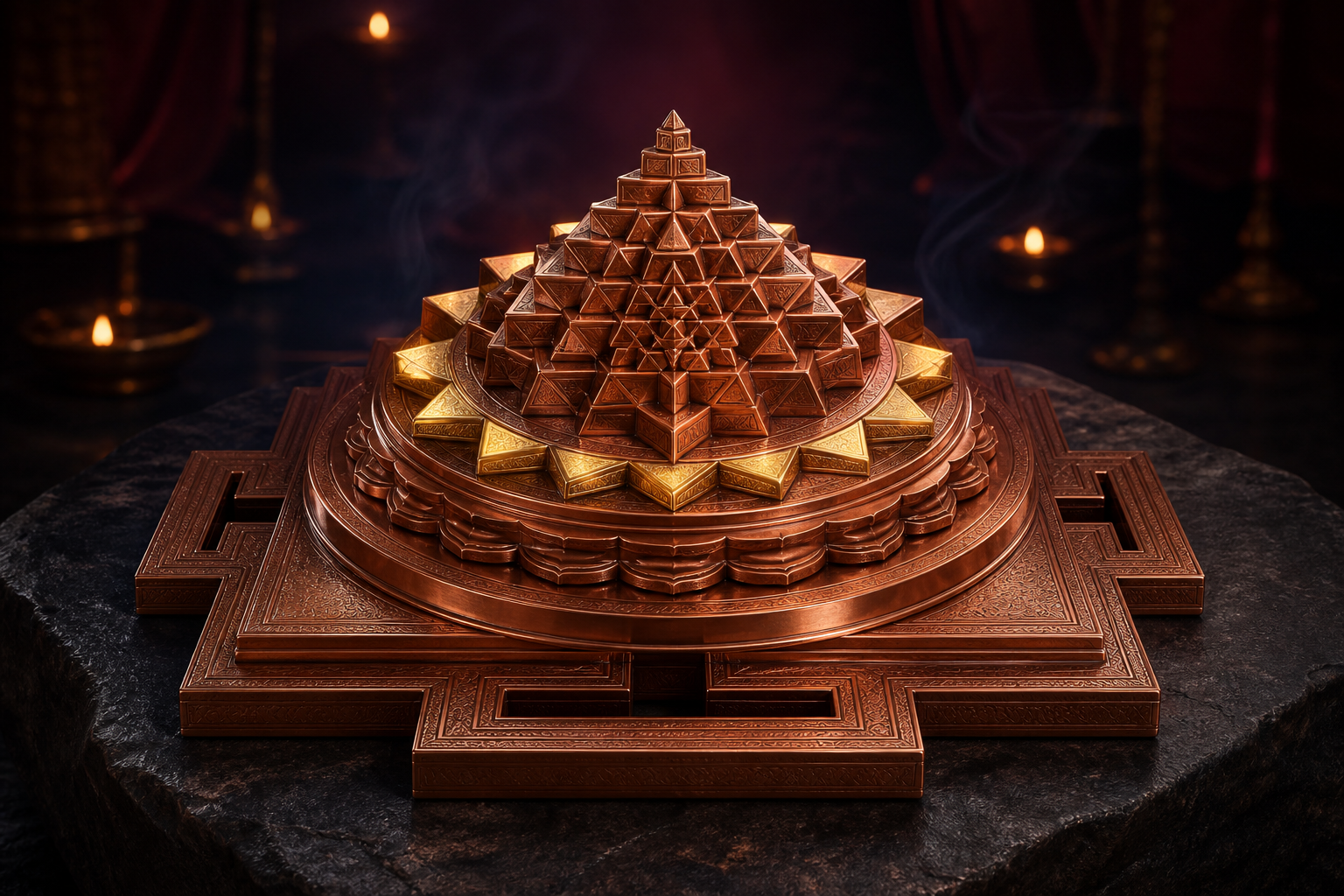 Copper Mahameru Sri Chakra with its circuit of fourteen outer triangular facets illuminated in warm gold against a dark, lamp-lit setting.