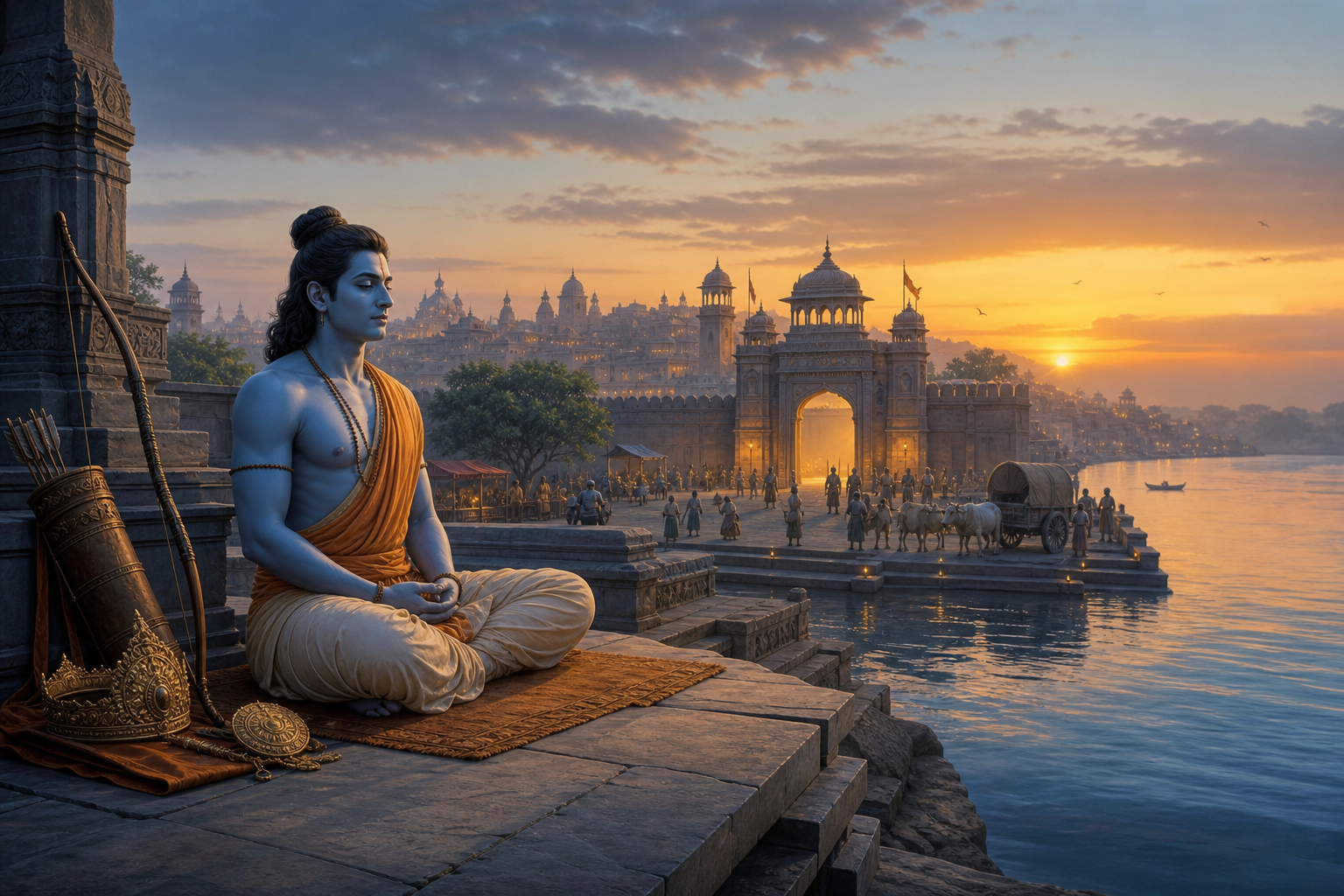 Rama meditates beside the Sarayu River at dawn while his crown and bow rest behind him and Ayodhya begins its day in the distance.