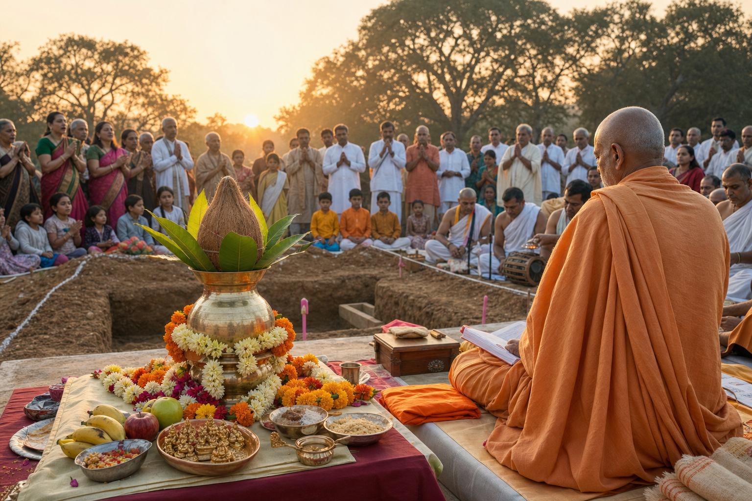 A Vaishnava congregation gathers around a monk, a kalash, flower garlands, offering vessels, and a prepared cornerstone at a temple foundation.