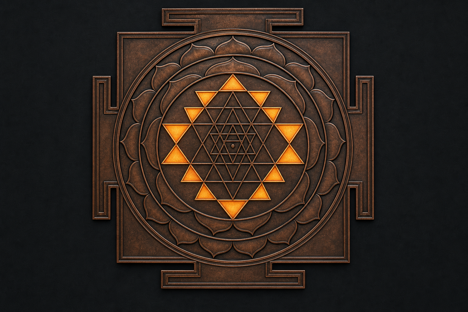Top-down copper Sri Chakra with the fourteen-triangle fourth enclosure highlighted in amber while the other enclosures remain subdued.