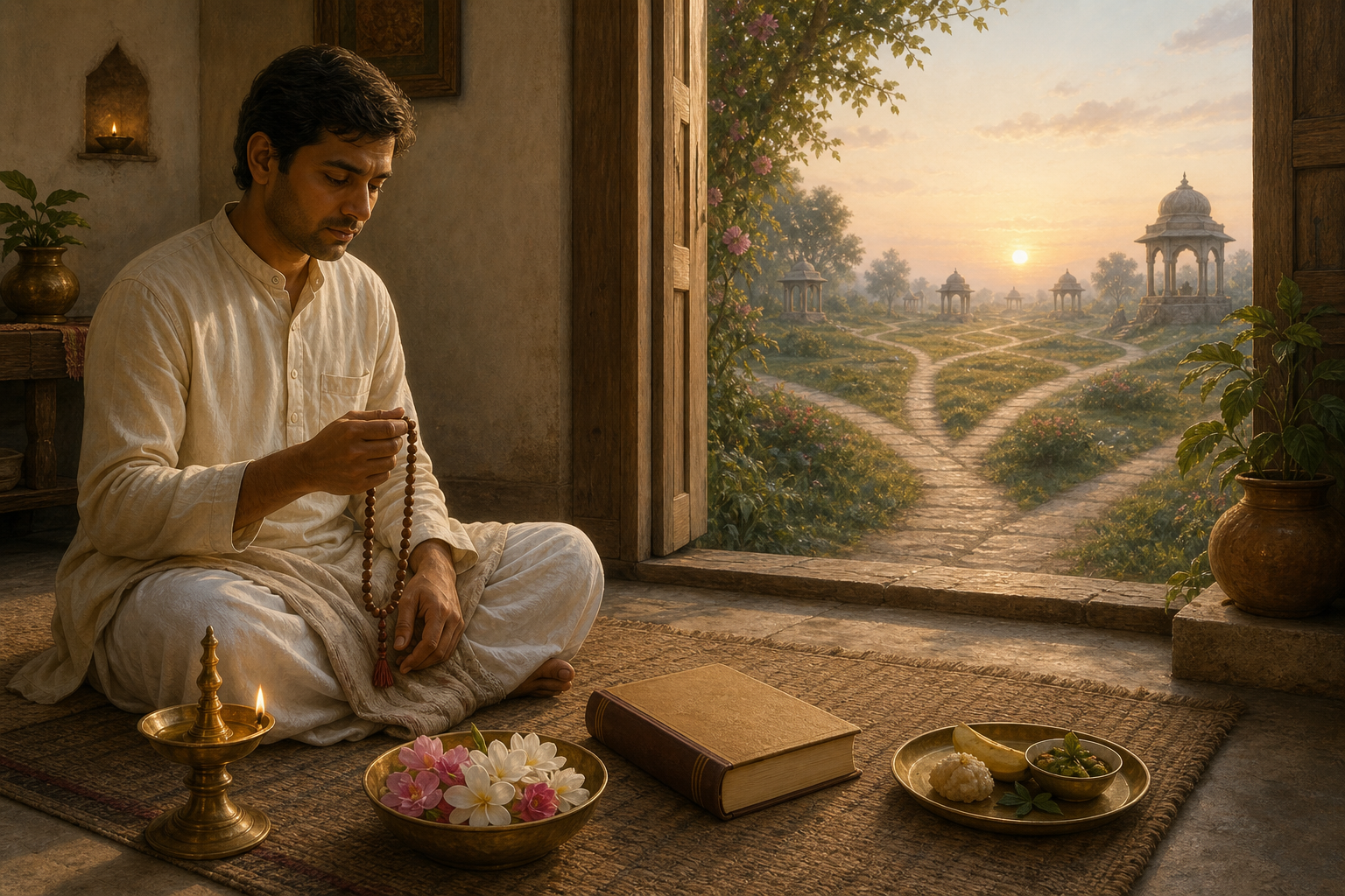 A practitioner sits with wooden prayer beads beside an oil lamp, flowers, a covered book, and a food offering as a branching garden path extends beyond the doorway.