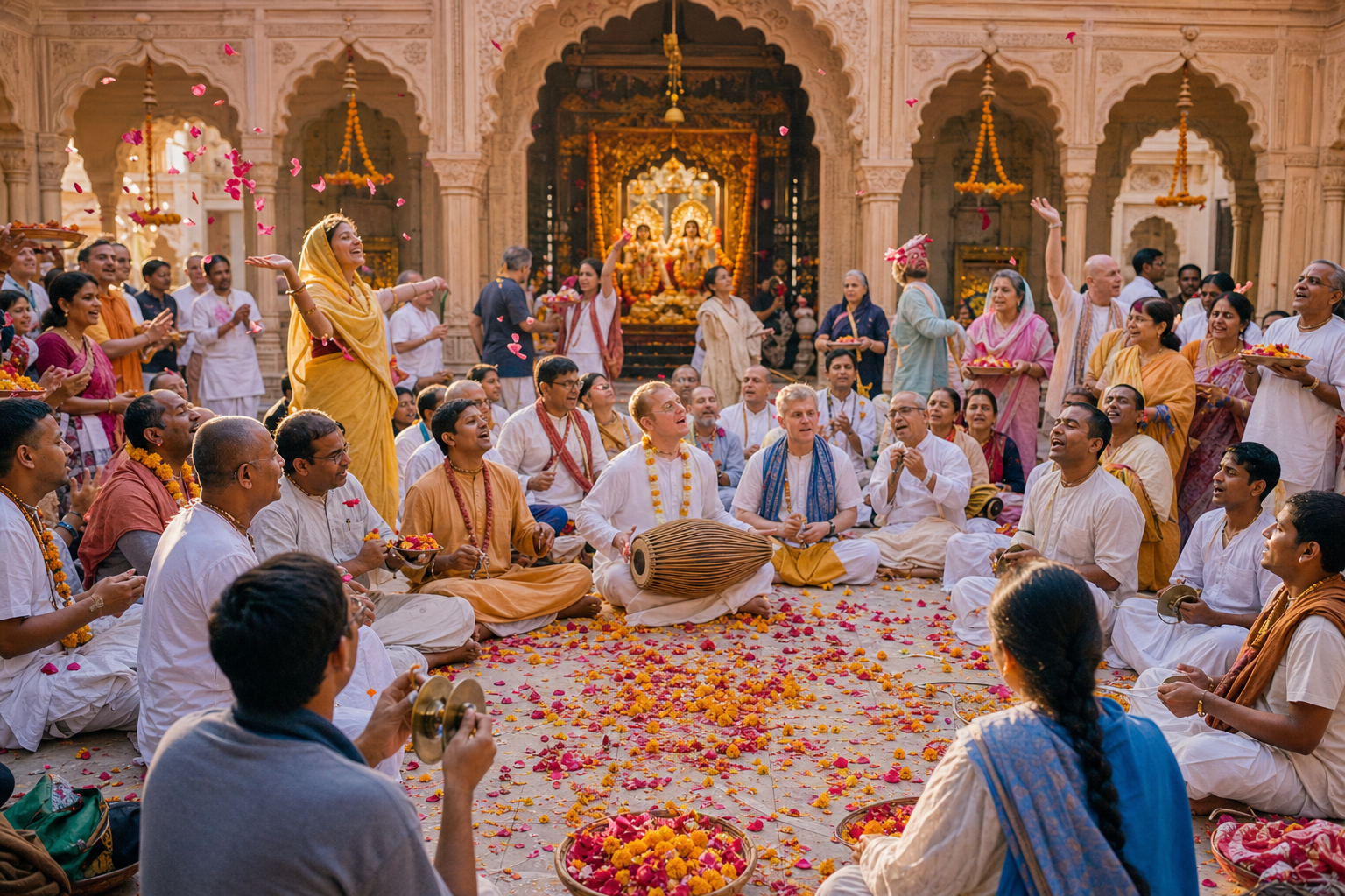 Devotees sing kirtan with drums and hand cymbals in a flower-filled temple courtyard.