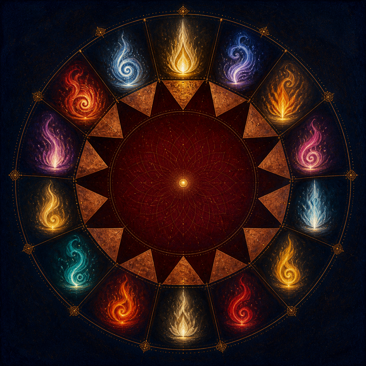 Fourteen flame-like feminine energy forms arranged in sequence around a circular band of copper triangles and a glowing central point.