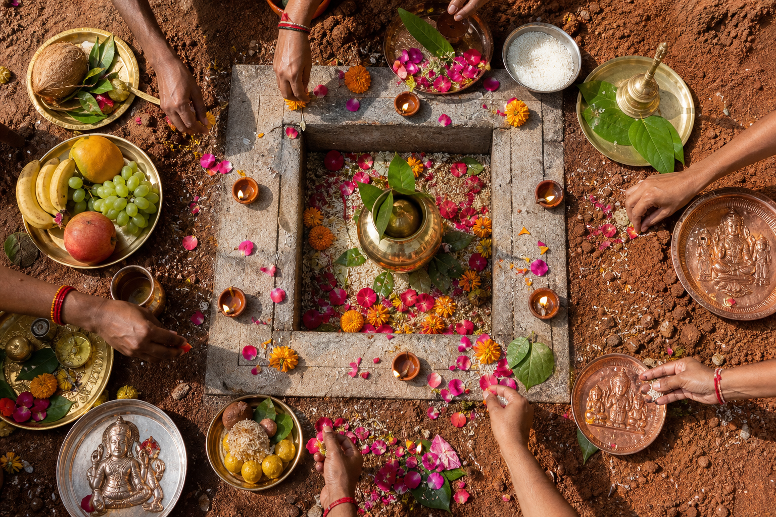Ritual vessels, flowers, fruit, rice, lamps, and a brass kalash are arranged around a prepared stone setting in an earthen foundation.