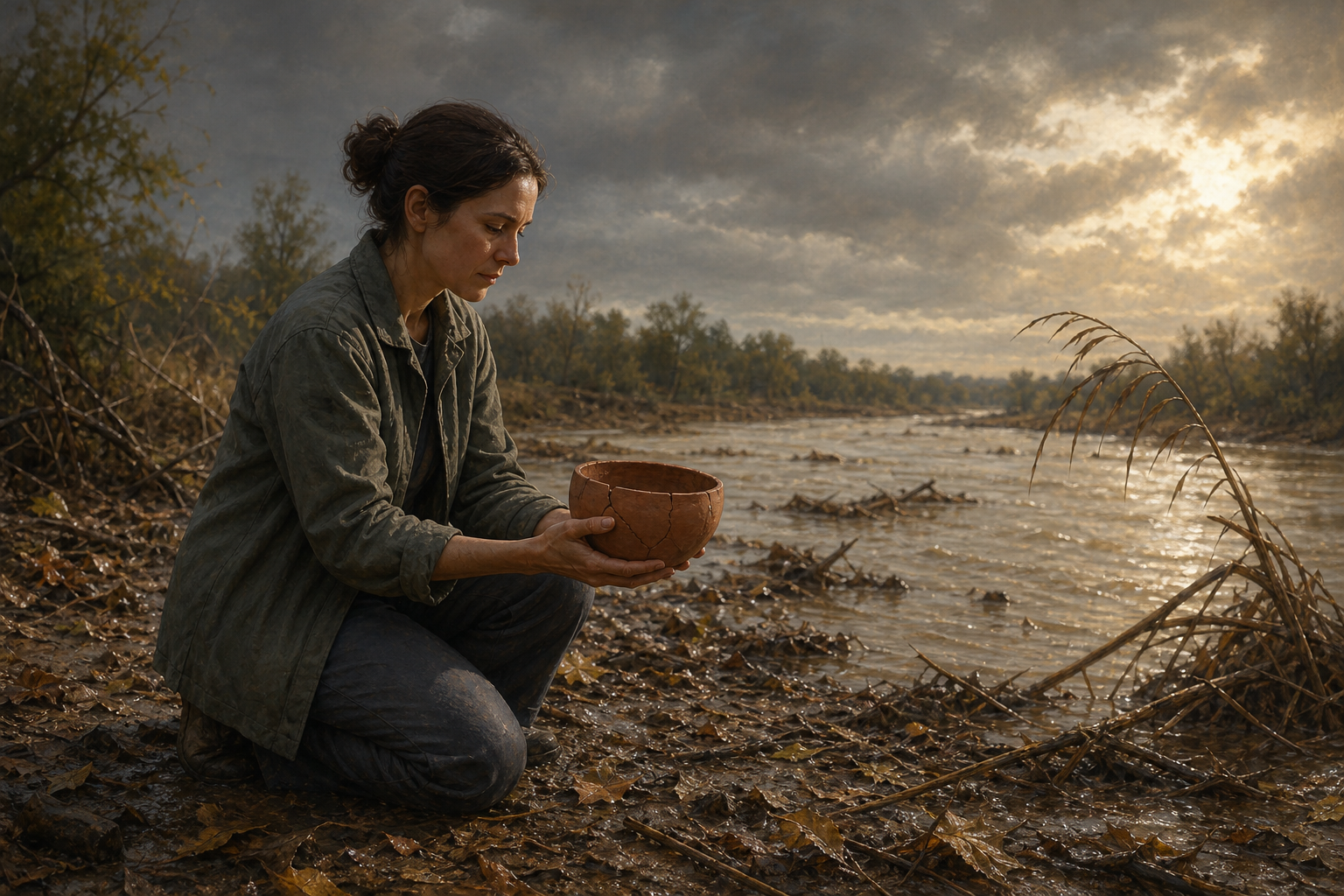 A kneeling adult holds a cracked clay bowl beside a swollen river as light begins to pass through clearing storm clouds.
