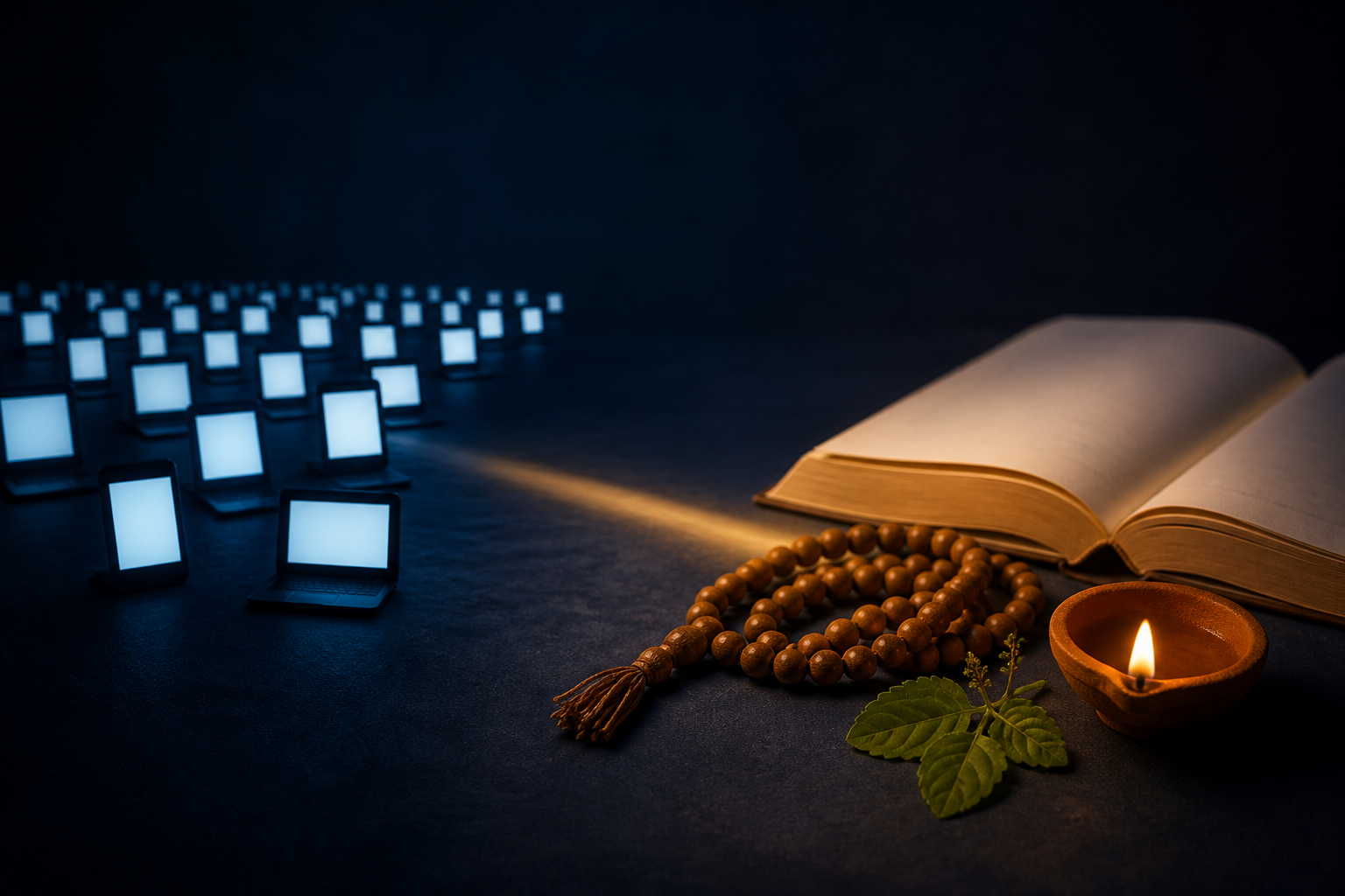 Blank glowing screens fade into the distance beside wooden prayer beads, a tulsi leaf, an oil lamp, and an open book.