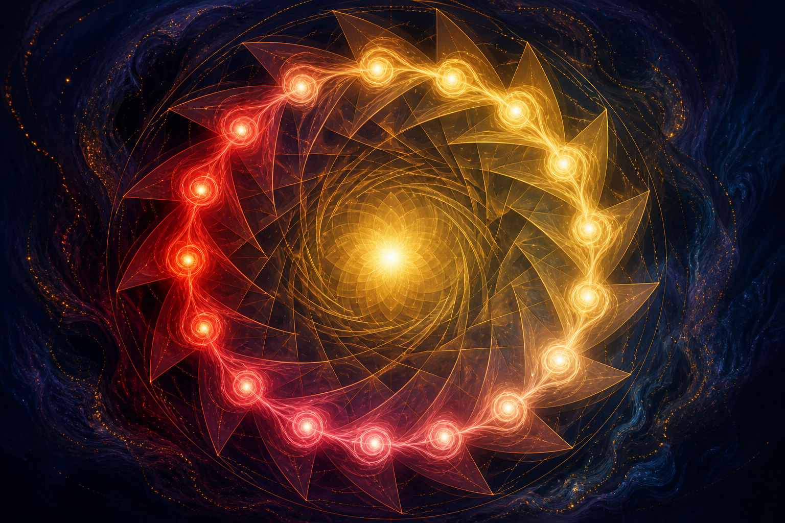 A continuous stream of red, rose-gold, and golden light transforms as it moves through a ring of triangular planes toward a luminous center.