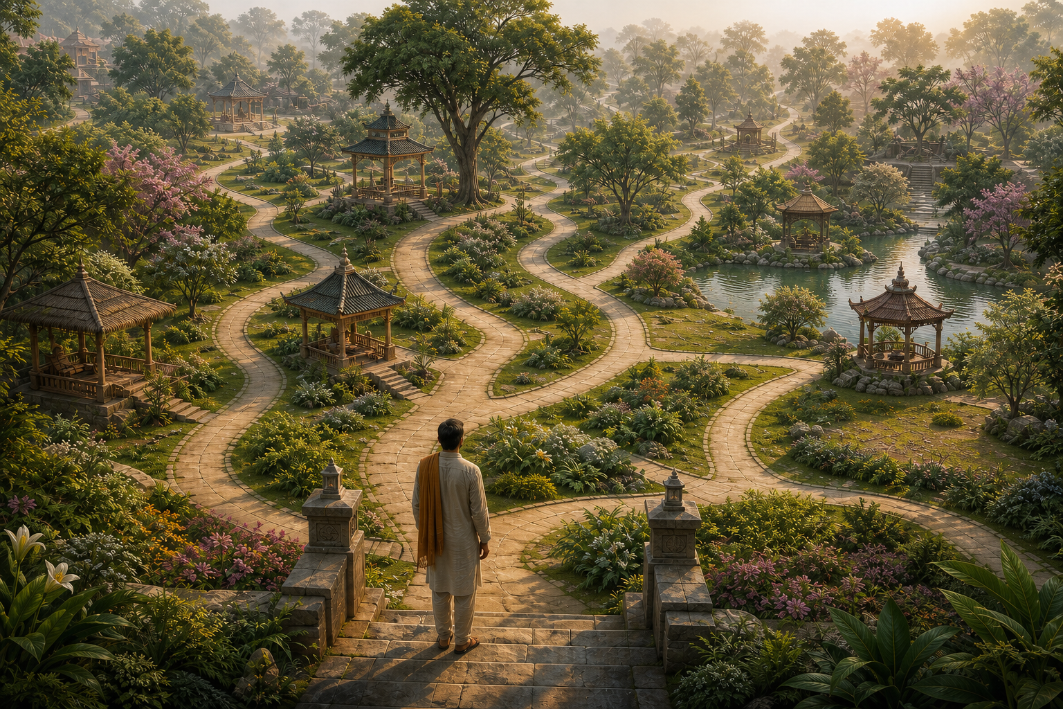 A seeker chooses one of many interconnected paths in a garden containing small pavilions, flowering trees, a pond, and places for service.