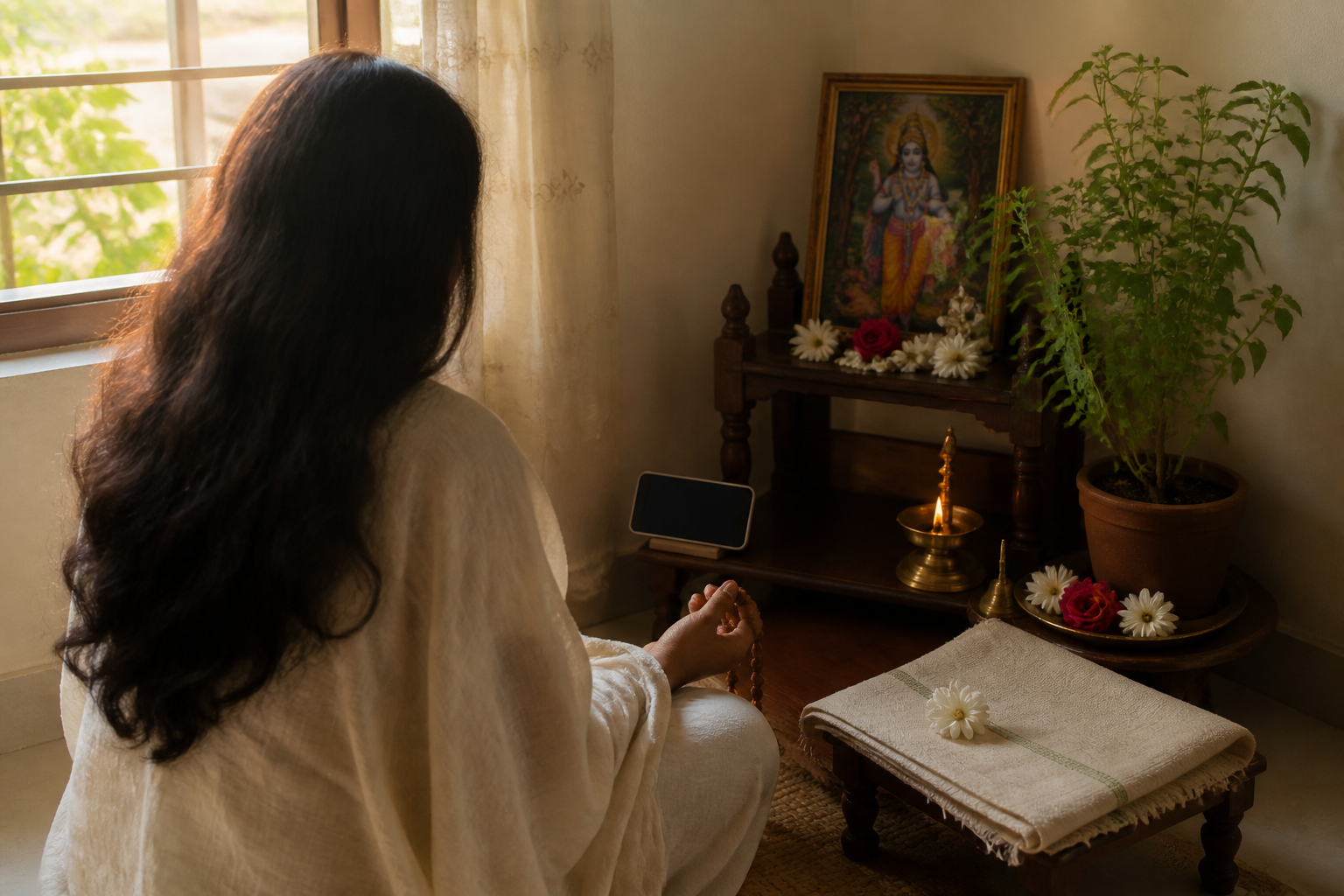A devotee holds prayer beads beside a phone, tulsi plant, flowers, lamp, and small home altar at sunrise.