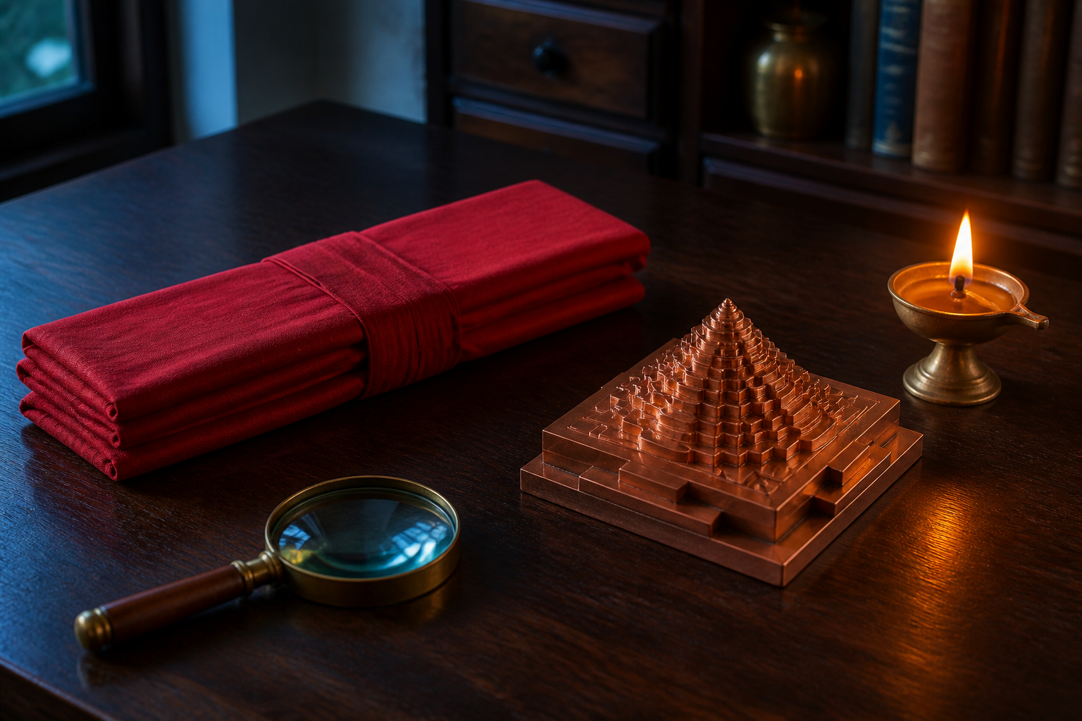 A closed cloth-wrapped palm-leaf manuscript, an unmarked copper Sri Chakra model, a magnifying lens, and an oil lamp arranged on a dark study desk.
