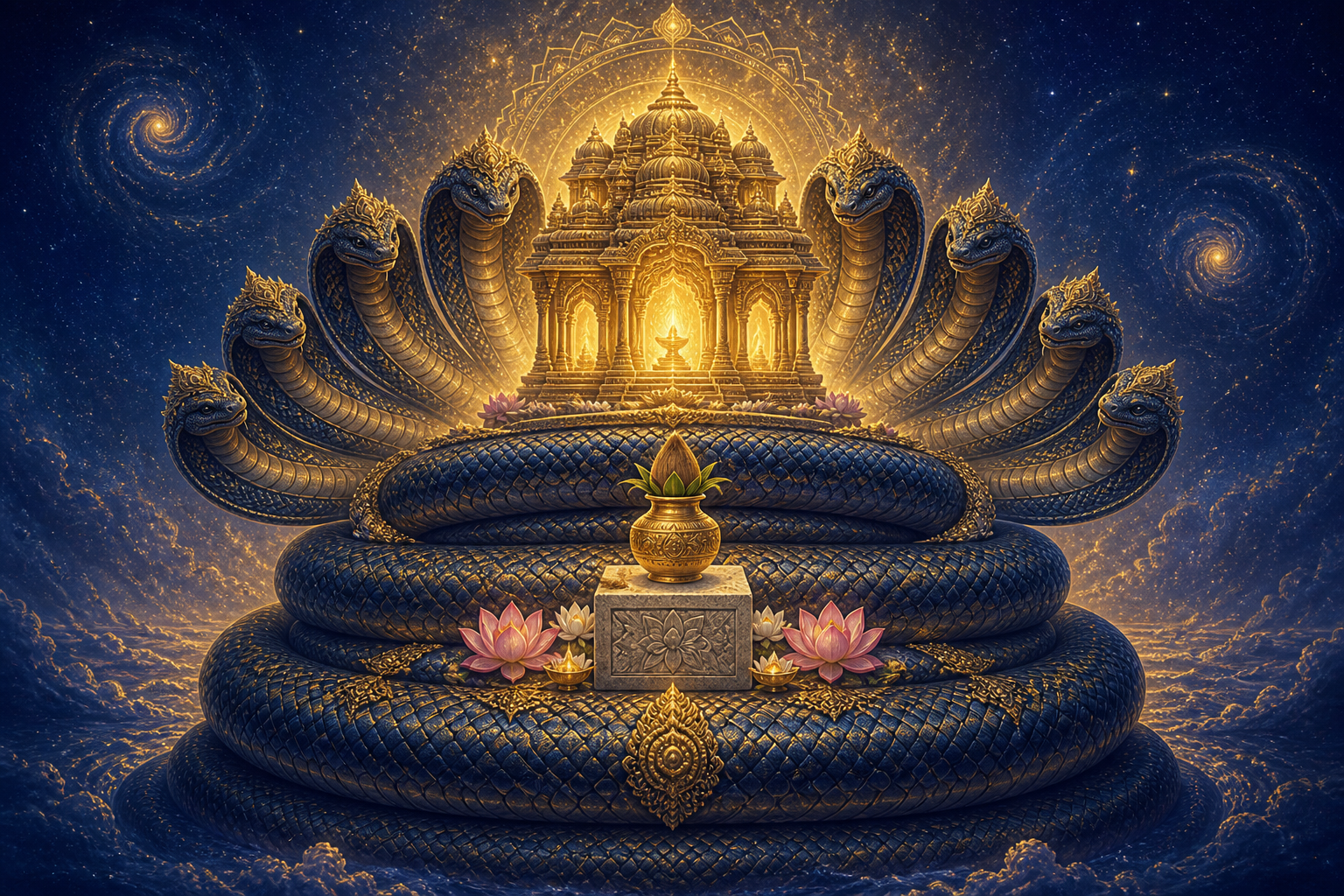 A many-hooded celestial serpent forms protective coils beneath a luminous temple sanctuary, with a cornerstone, kalash, and lotuses above.