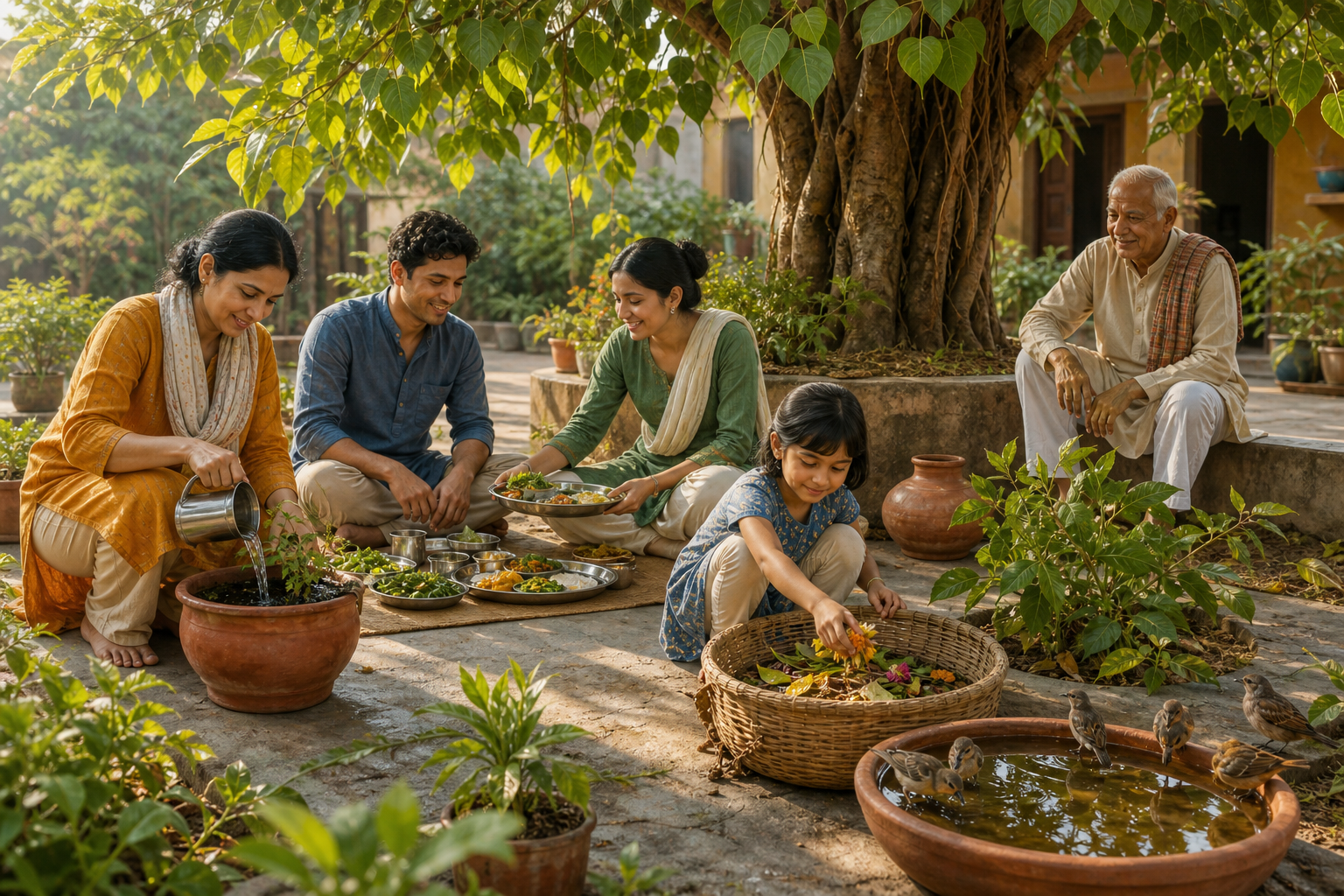 A multigenerational South Asian family in a courtyard waters plants, serves a meal, gathers fallen flowers for compost, and provides water for birds beneath a large tree.