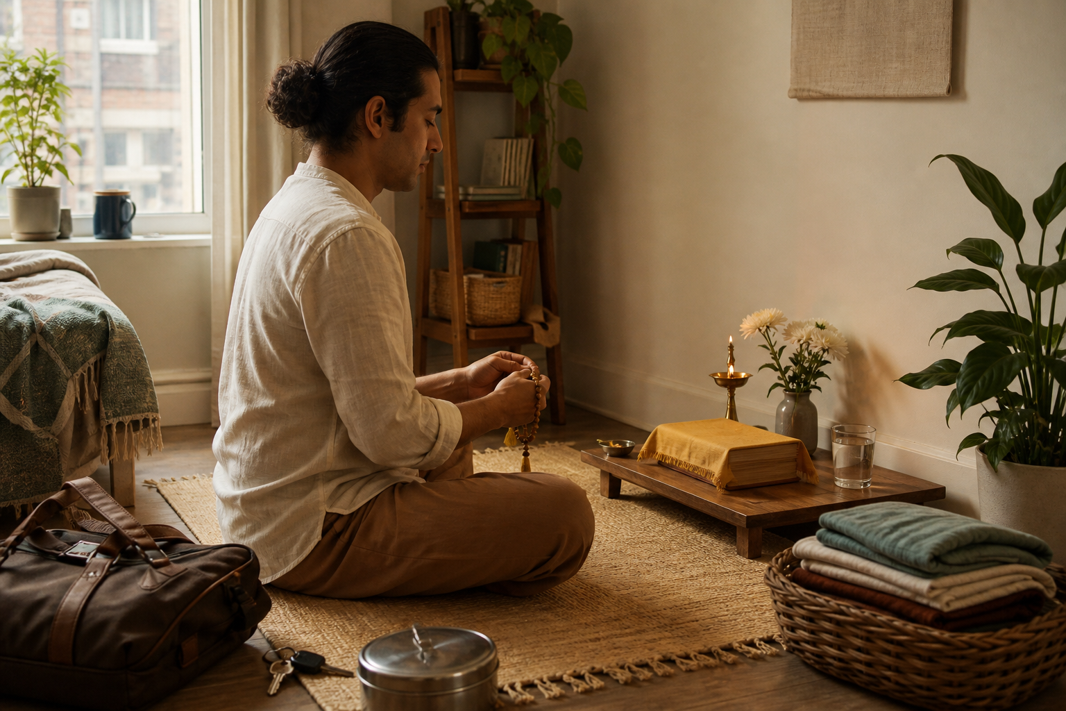 A practitioner uses wooden prayer beads at a small home altar while a work bag, lunch container, keys, and folded laundry sit nearby.