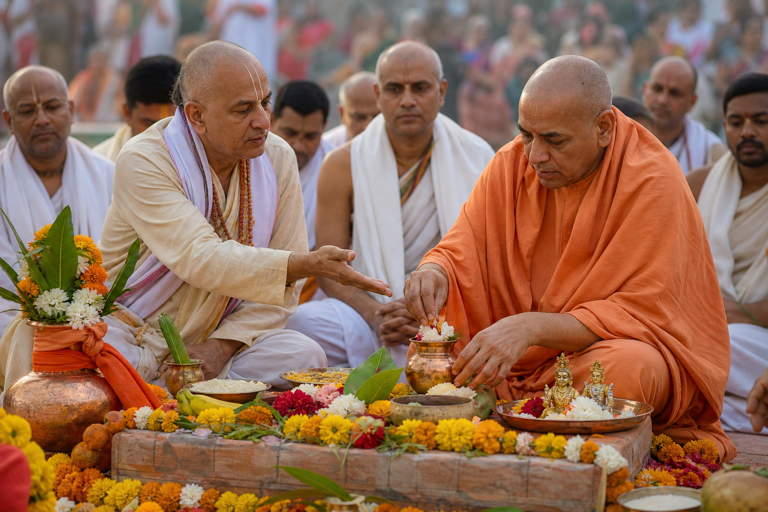 A Vaishnava priest gestures toward the ritual offerings as a saffron-robed monk places flower petals into a ceremonial vessel.