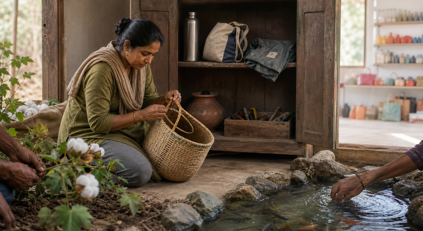 A person repairs a woven household basket beside durable reusable belongings, with farmland, flowing water, fish, and workers visible around the scene.