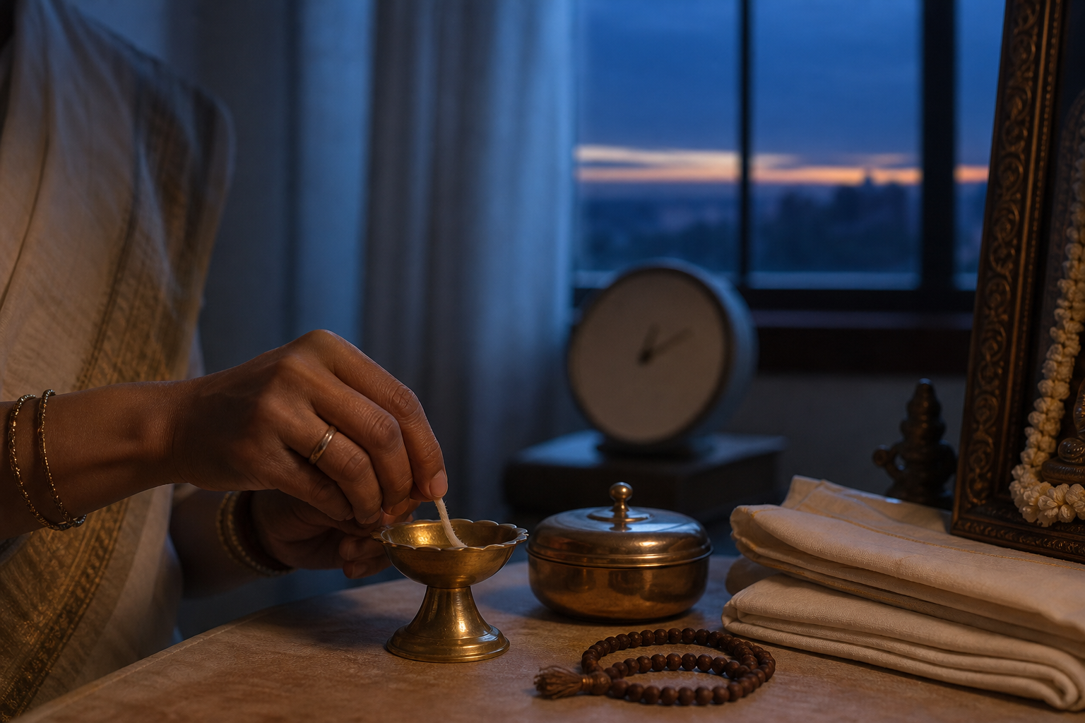 A person prepares a brass lamp and covered offering beside prayer beads in a blue-lit room shortly before dawn.