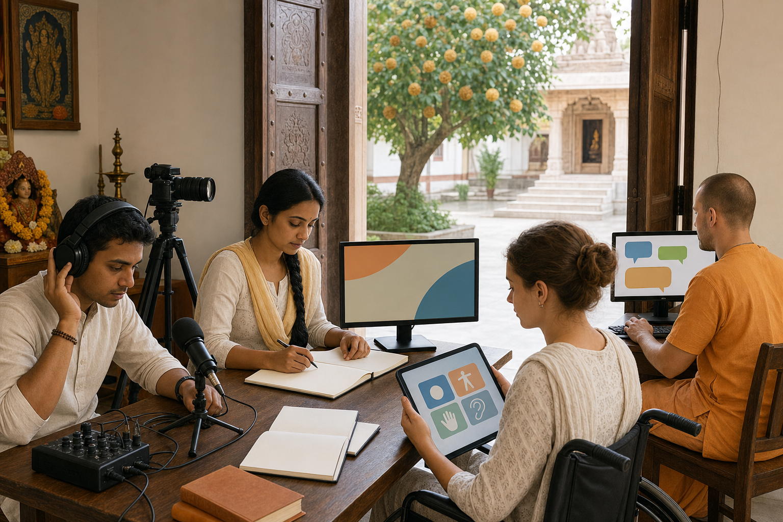 A volunteer media team works with a camera, microphone, headphones, notes, and computers in a room beside a temple courtyard.