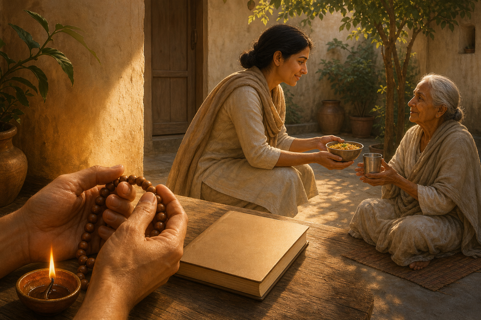 Hands hold prayer beads beside an oil lamp in the foreground while a practitioner offers food and water to an older neighbor in the courtyard.