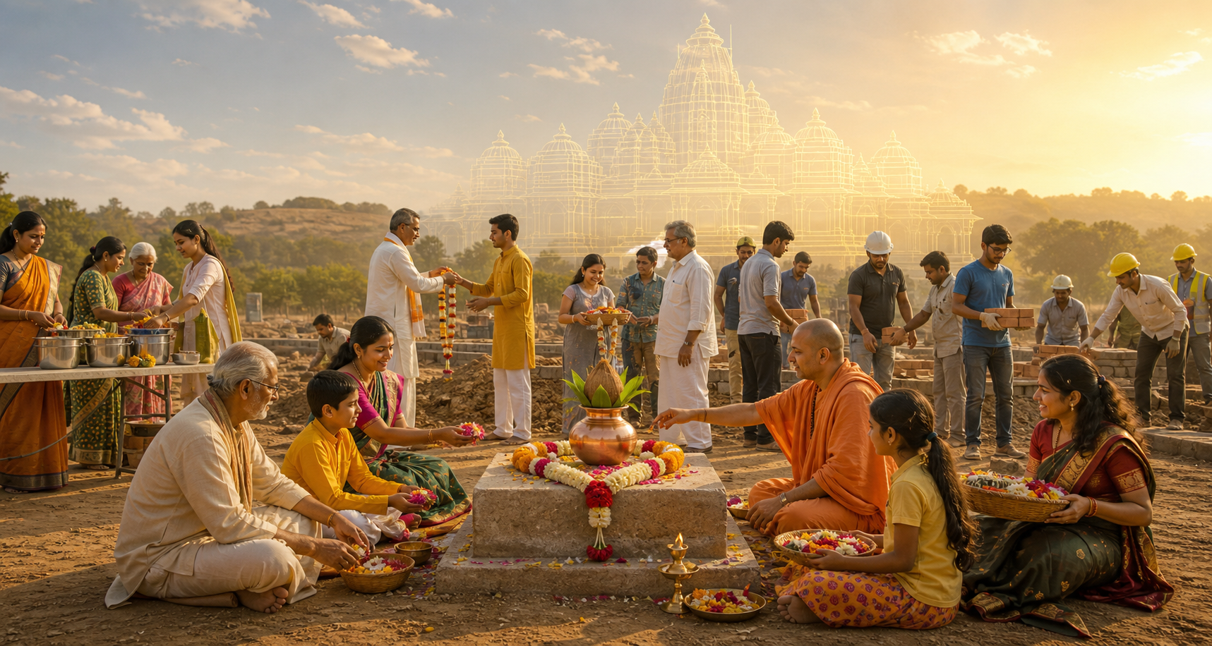 Families, monks, and volunteers share ceremonial and construction tasks around a blessed cornerstone, with a envisioned temple form in the distance.