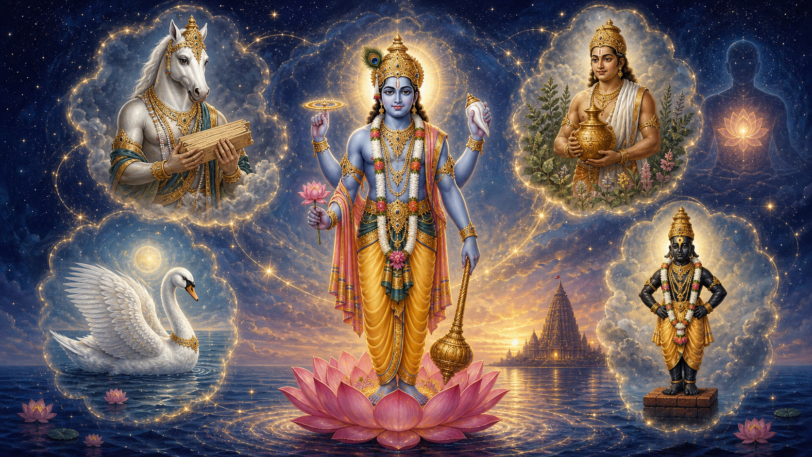 Vishnu stands above a cosmic ocean surrounded by luminous depictions of Hayagriva, Dhanvantari, a white hamsa, and Vithoba, with a temple and a heart-shaped glow in the background.