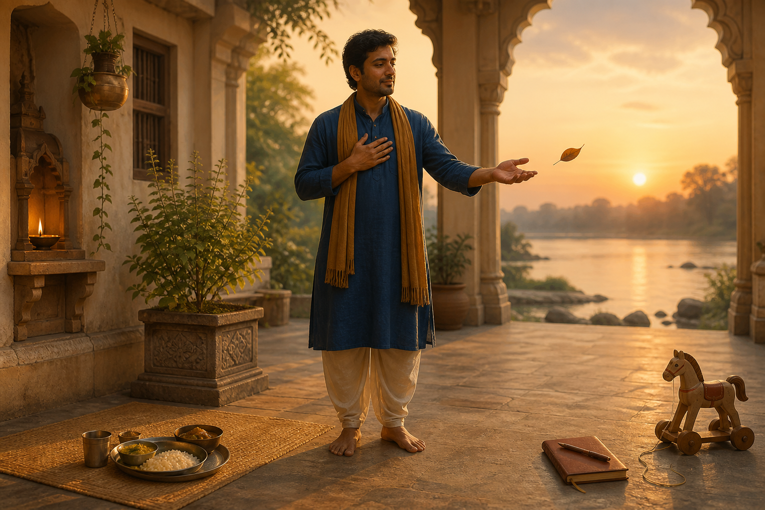 An Indian householder stands in a courtyard with an open hand as a dry leaf drifts toward a river at dawn, surrounded by objects associated with family and work.