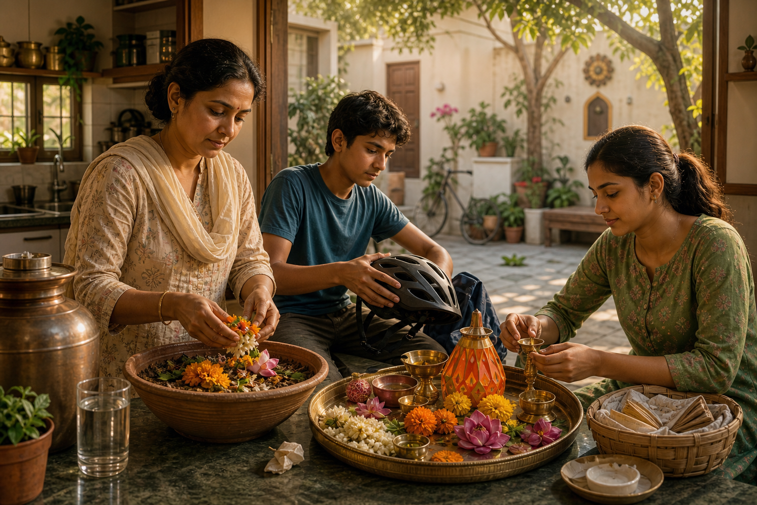 A family sorts festival materials in a courtyard, separating compostable flowers and reusable decorations while considering practical household needs.