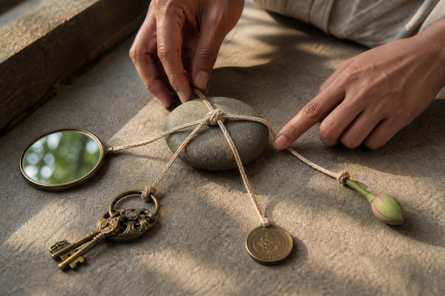 Two hands trace the strands of a loose cord knotted around a river stone, with the strands extending toward a mirror, keys, a coin, and a flower bud.