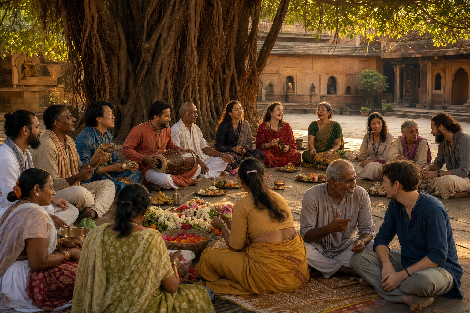People of varied ages gather in a courtyard to sing, play hand cymbals and a drum, make flower garlands, prepare food, and speak together.