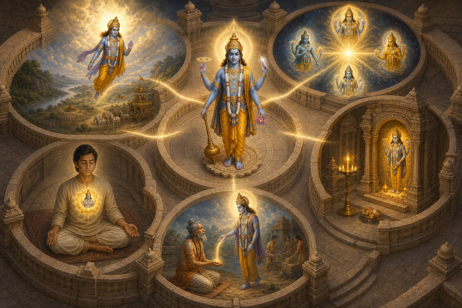 A central Vishnu is surrounded by separate scenes of divine descent, emanation, temple worship, indwelling presence, and an empowered sage.