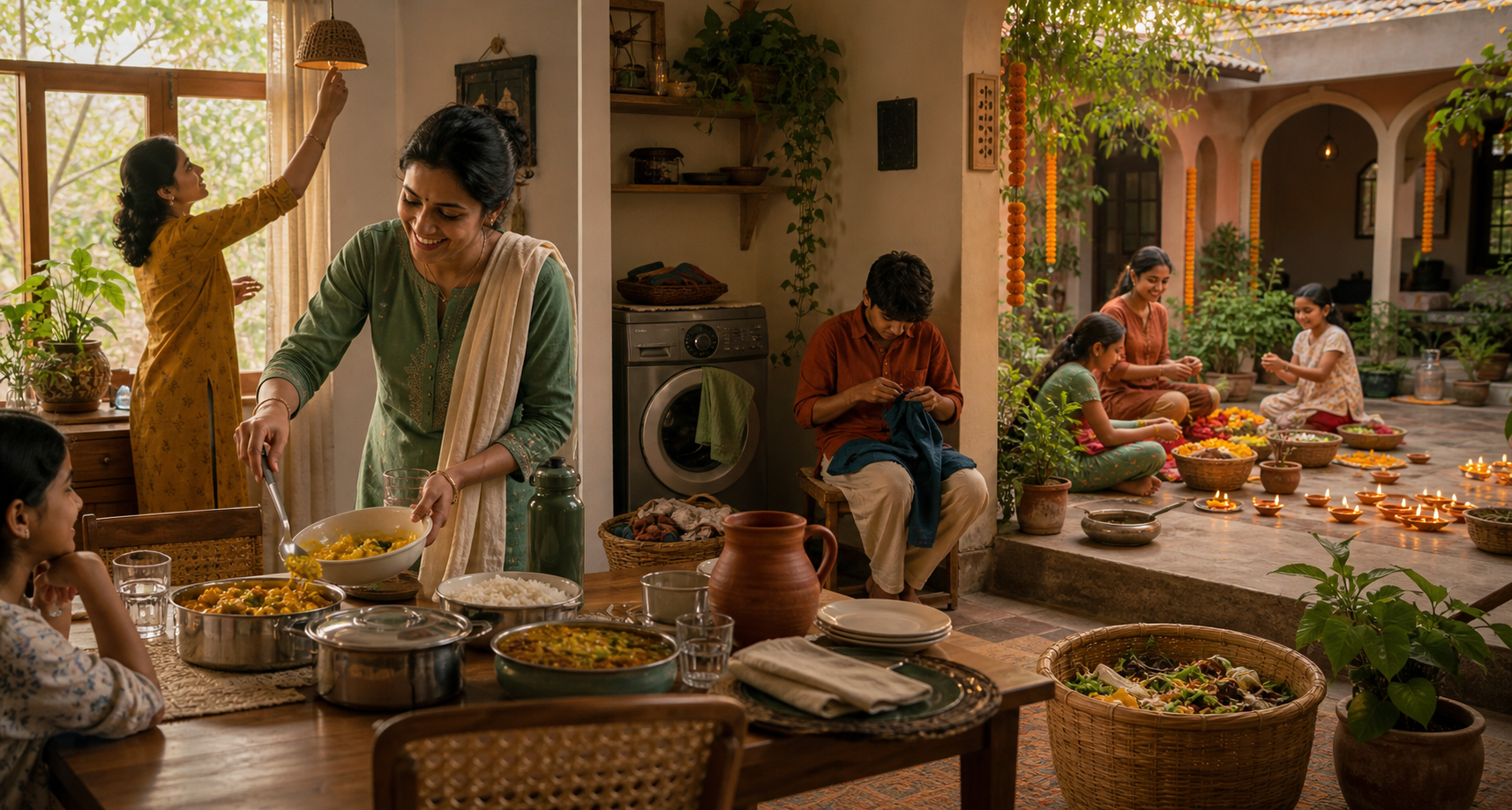 People in a South Asian home serve a vegetable meal, conserve electricity, mend belongings, and prepare reusable and compostable festival materials.