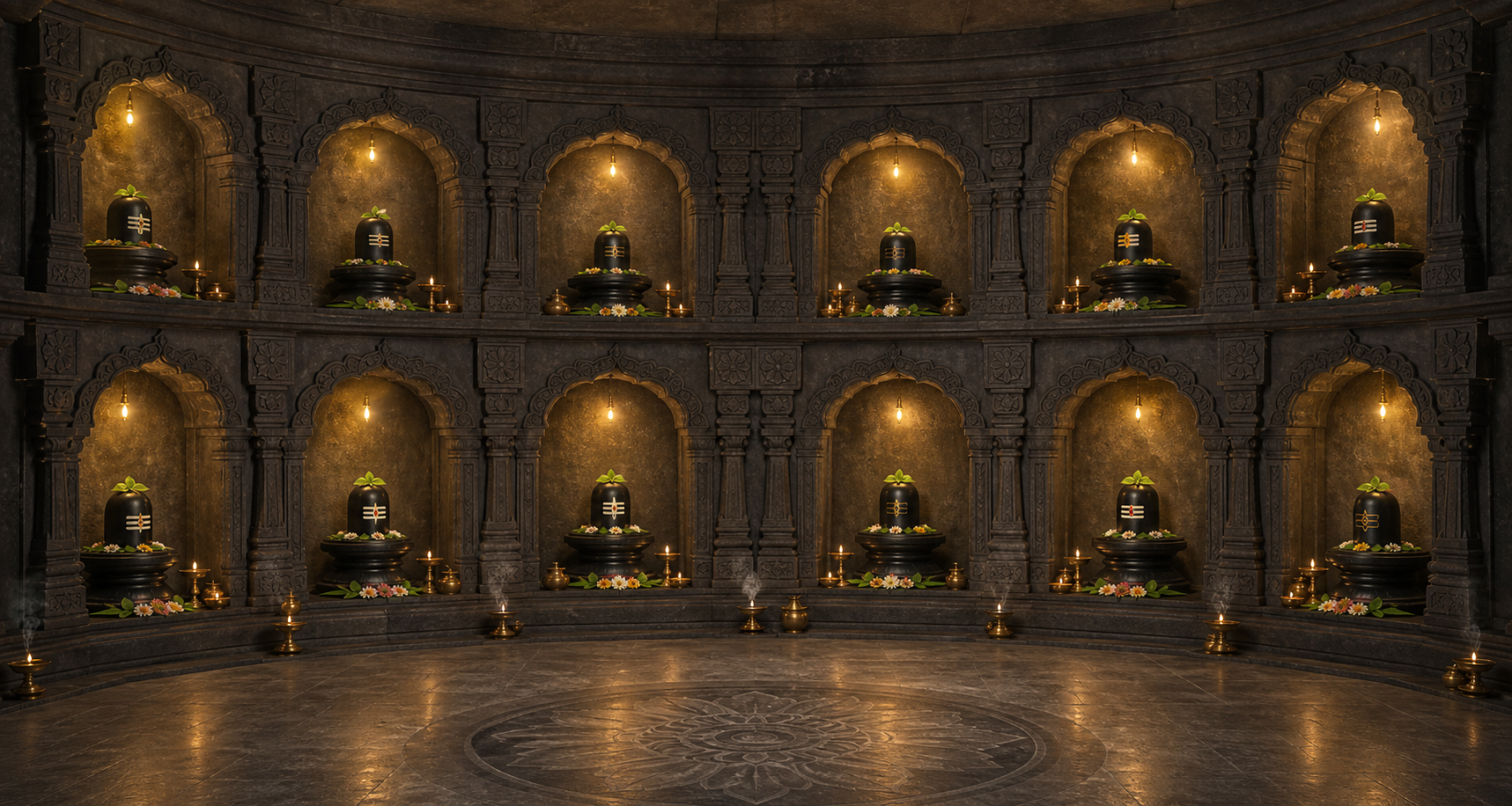 Twelve individually adorned Shiva linga shrines stand in separate alcoves within a single softly lit temple precinct.